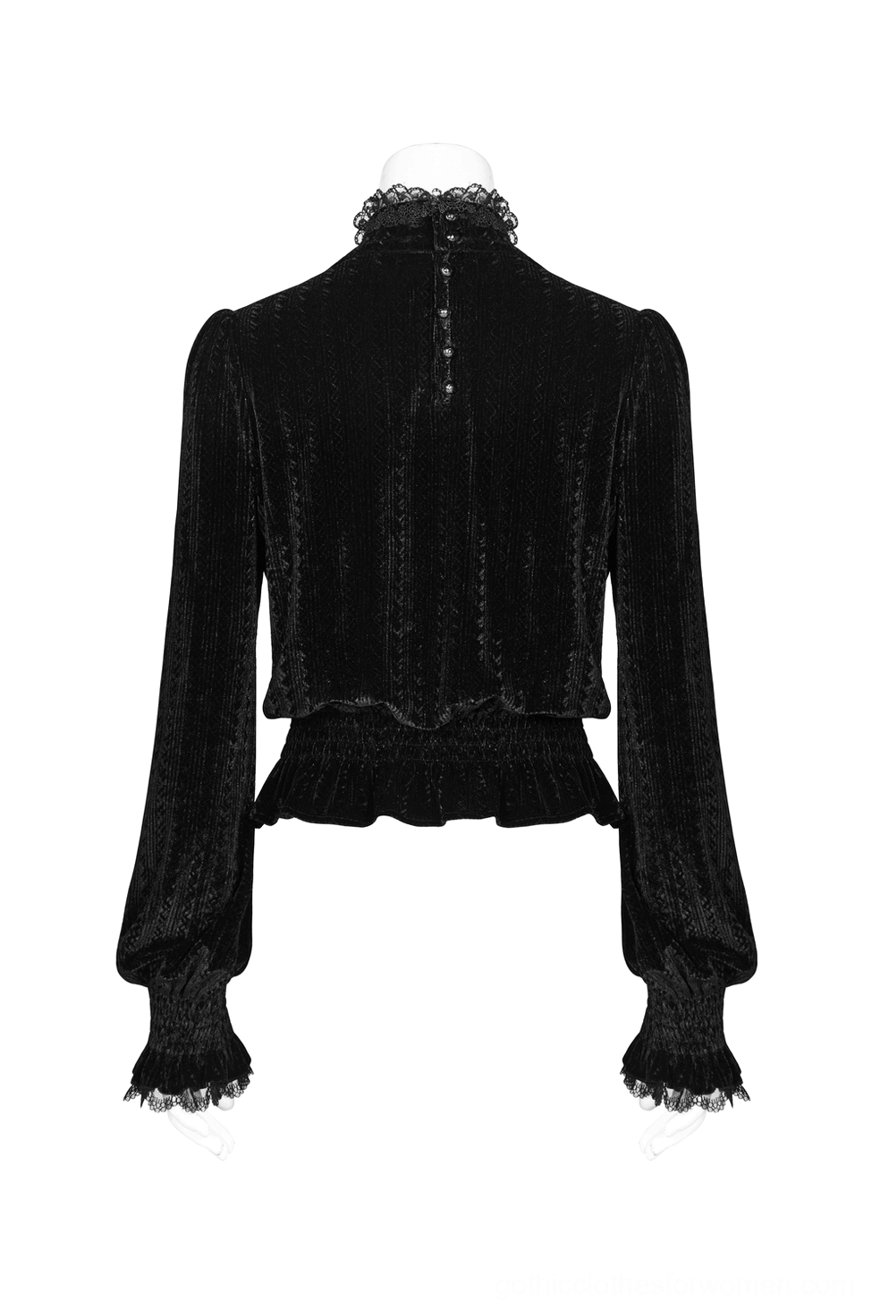 Back view of black velvet Gothic blouse on mannequin displaying back button placket, shirred waist detailing, and ruffled collar back construction