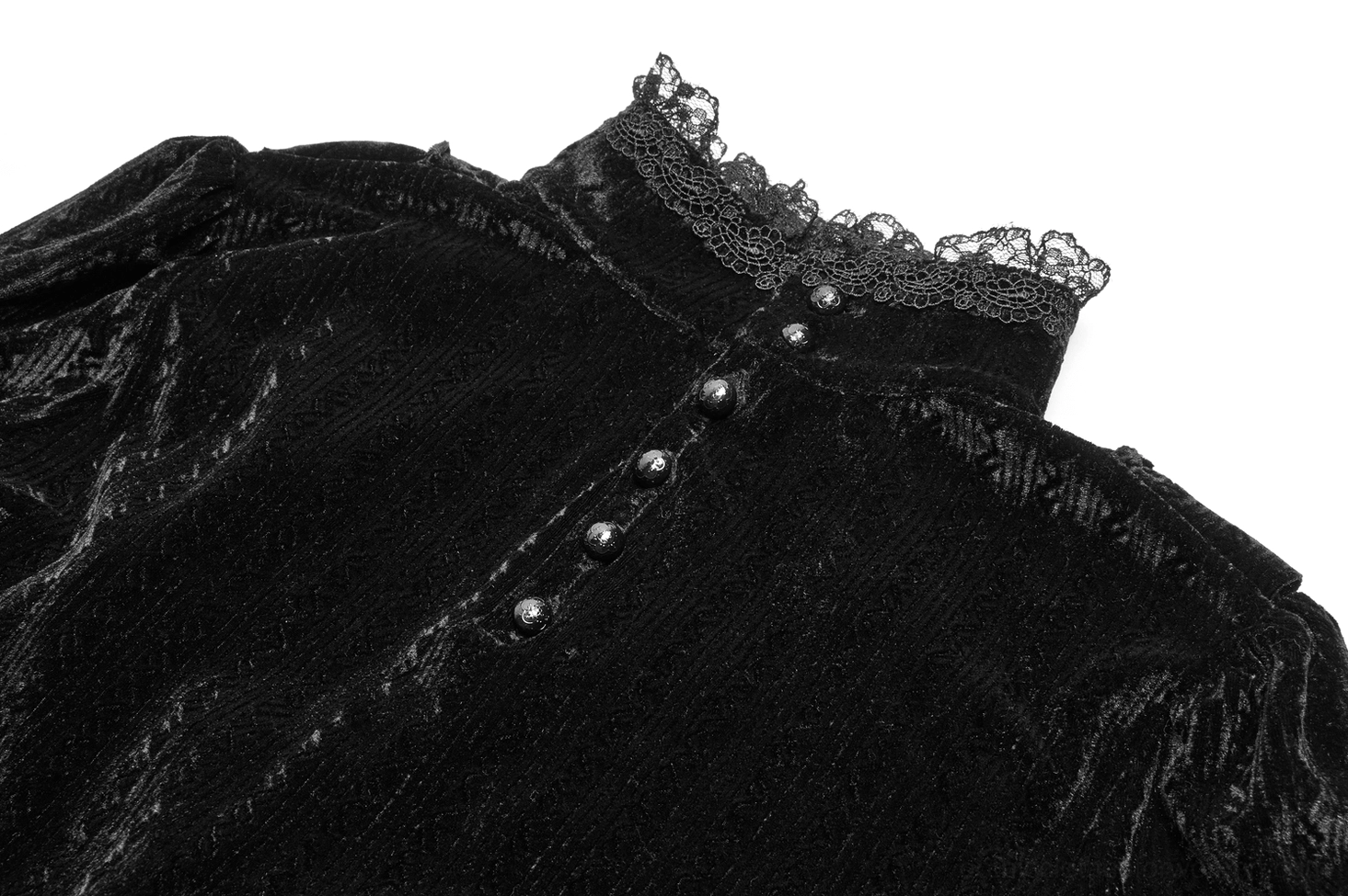 Close-up detail of black velvet Gothic blouse back neck showing lace-trimmed high collar and decorative button row placement