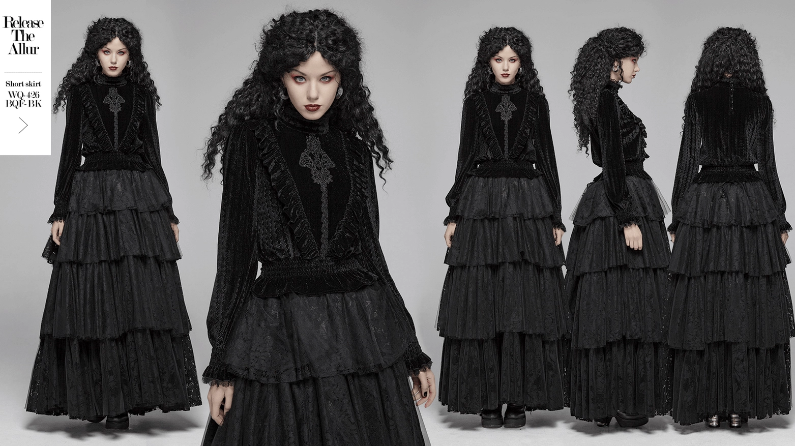 Black velvet Gothic blouse full product shot from front showing complete design with dramatic ruffle collar, lace trim, embroidery, and fitted form