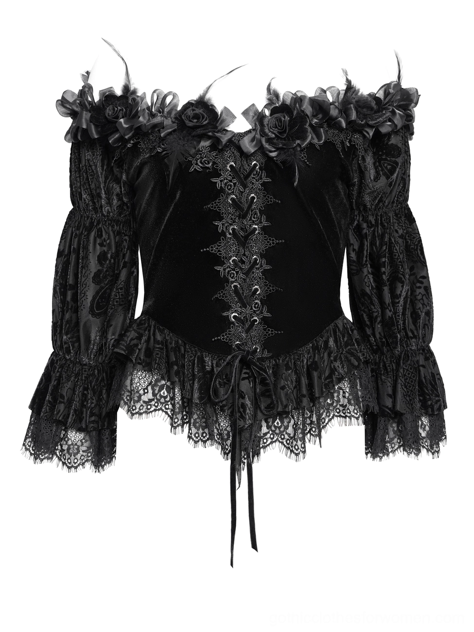 Detailed flat lay of gothic velvet blouse showing lace-up front, ruffled lace hem, and puff sleeve construction from above