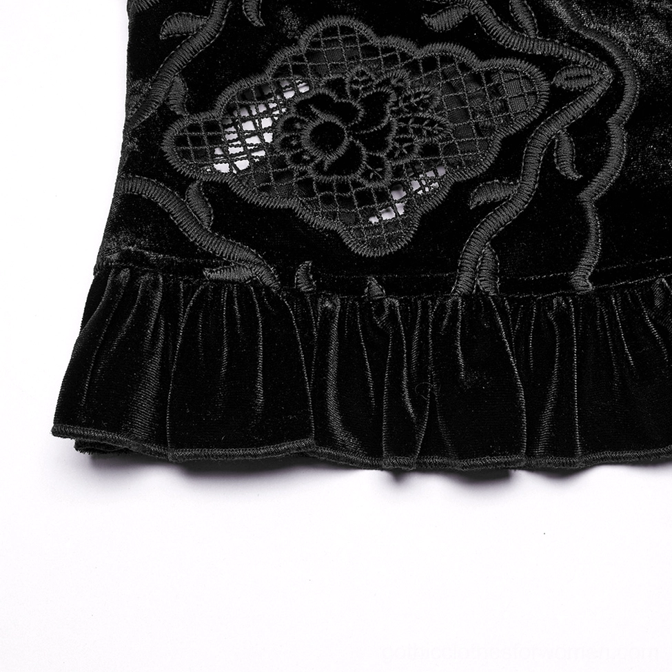 Black velvet gothic blouse front full-body detail shot showing embroidered mesh panels, lantern sleeves, and fitted silhouette