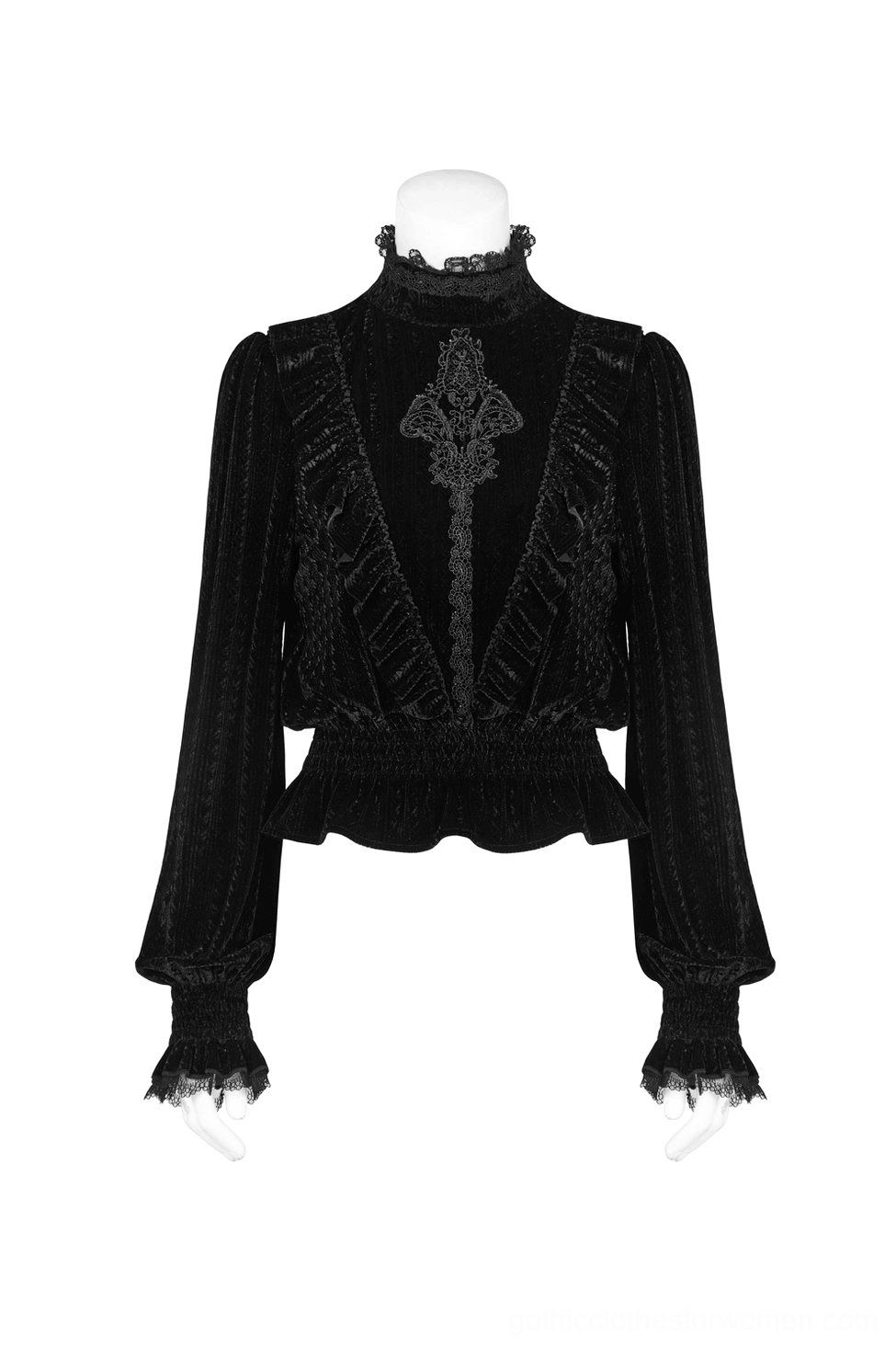 Front view of black velvet Gothic blouse on mannequin highlighting embroidered front panel and shirred bottom hem with ruffle collar emphasis