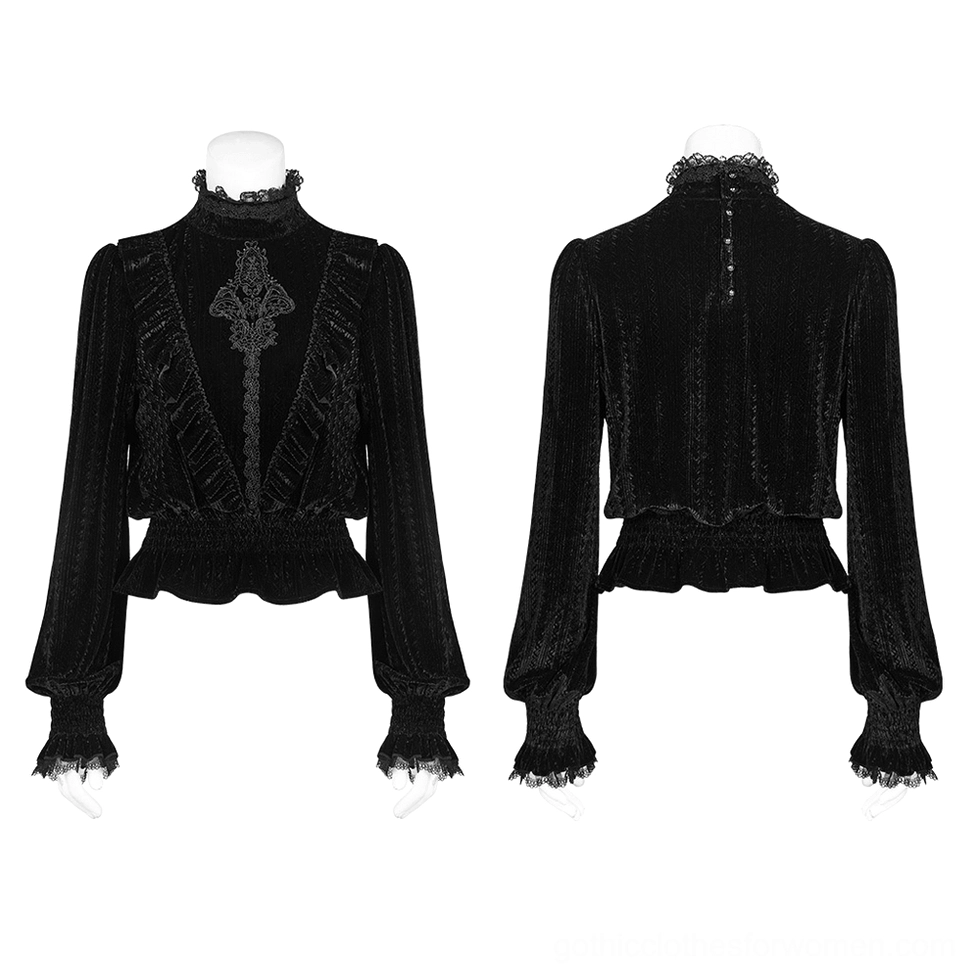 Black velvet Gothic blouse displayed on two mannequins showing front and back views with lace cuffs, ruffled front trim, and architectural collar construction