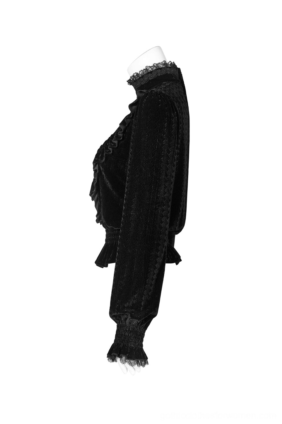 Side profile of black velvet Gothic blouse showcasing bishop sleeves, ruffled high neck construction, and fitted silhouette