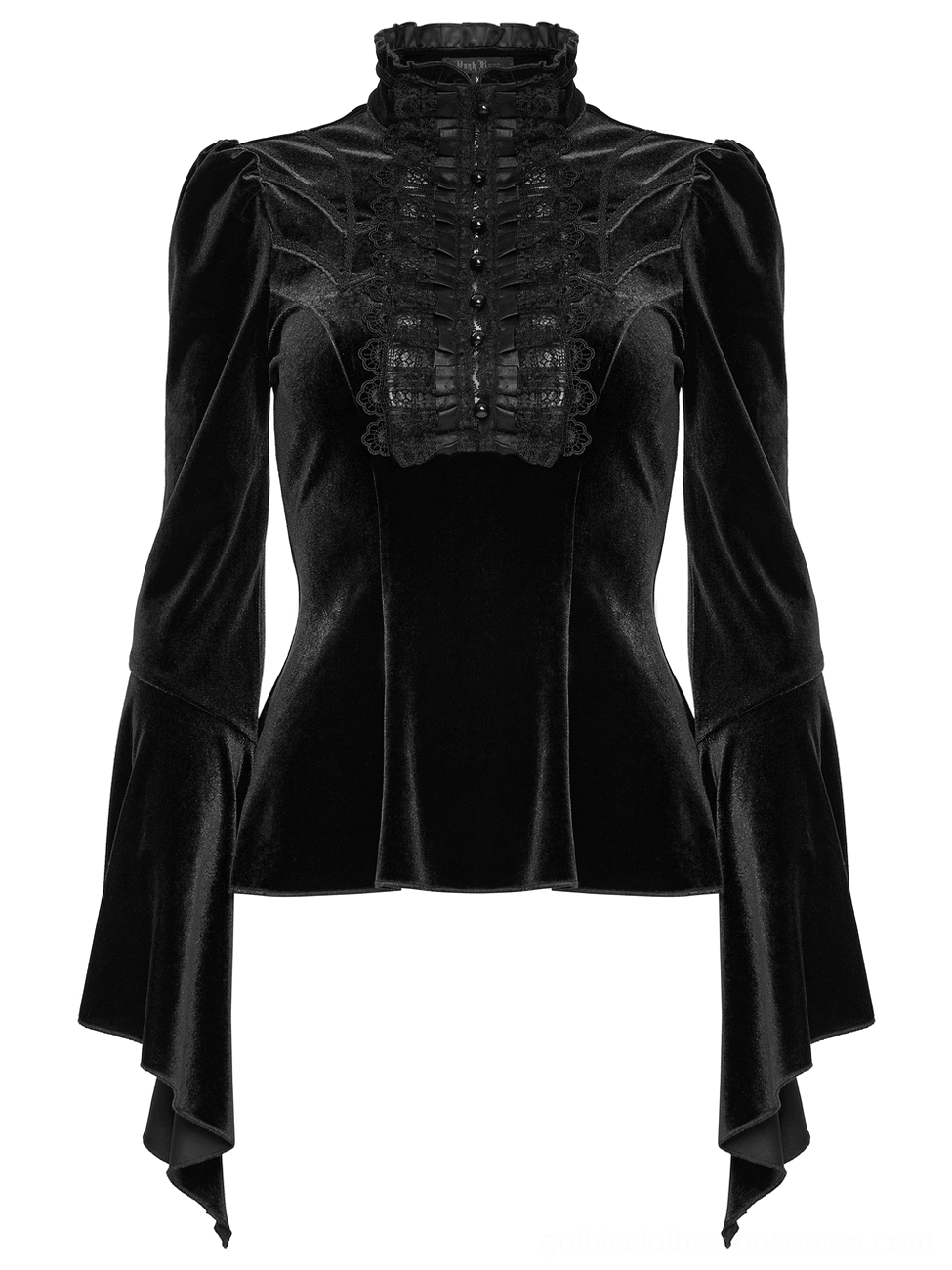 Black velvet gothic blouse slim-fitting front view with smooth fabric drape and decorative lace front panel detail