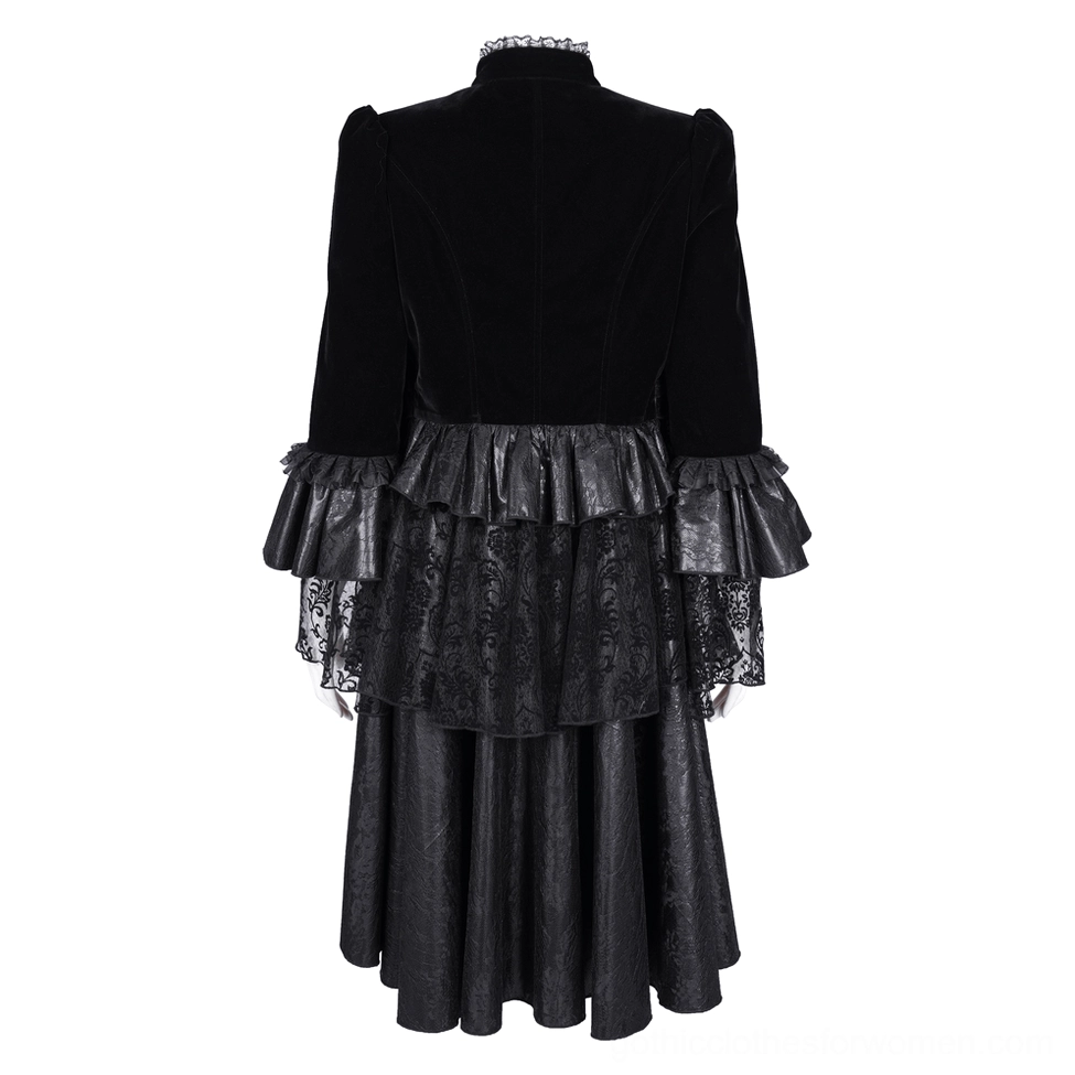 Gothic bolero jacket back detail showing multi-tiered lace ruffle waist and faux leather accent panel