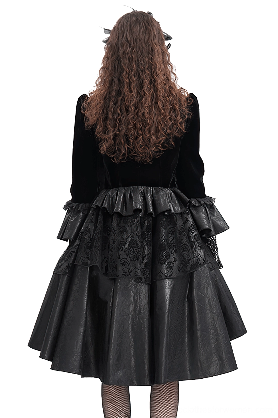 Gothic black velvet bolero jacket back view showing layered lace ruffle hem and faux leather skirt panel detail