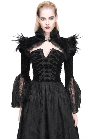 Black velvet gothic bolero with lace feathered collar front view on model with formal gown