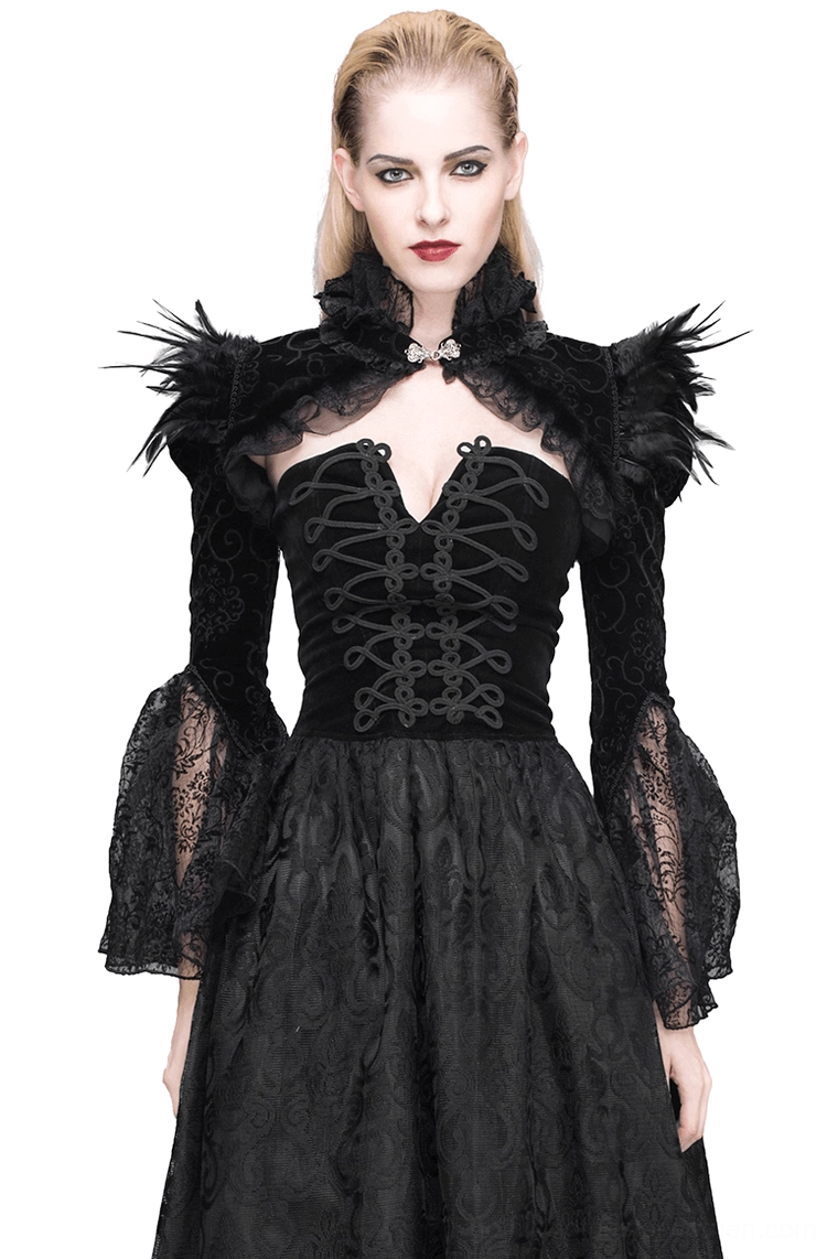 Black velvet gothic bolero with lace feathered collar front view on model with formal gown
