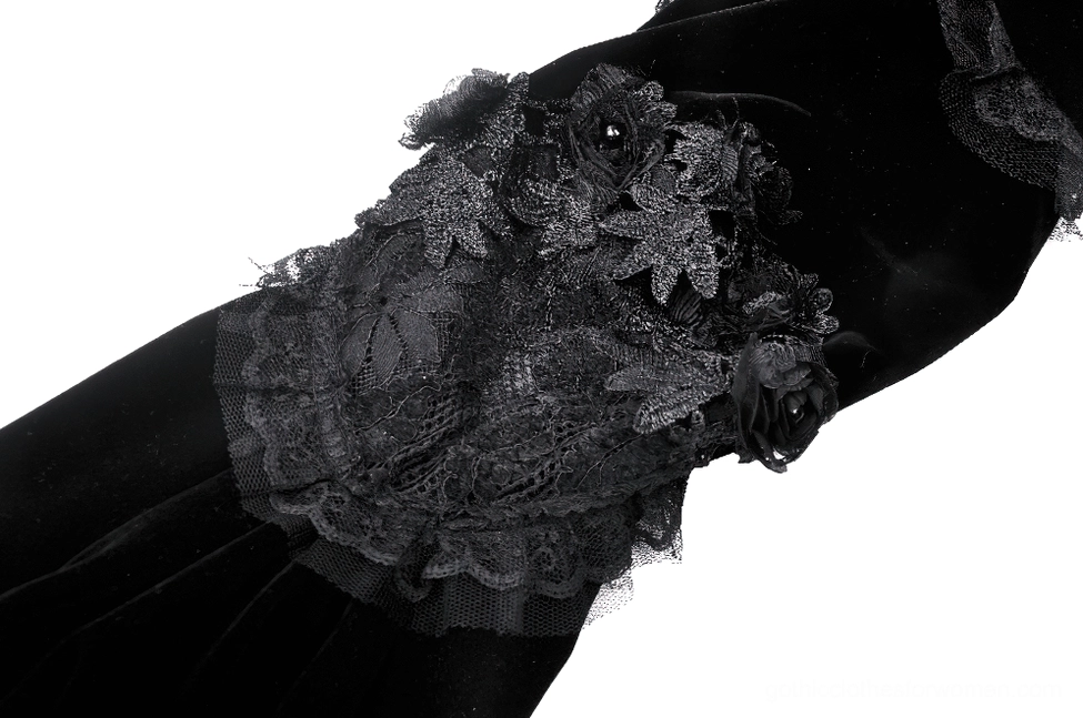 Black velvet gothic bolero full product view highlighting ornate lace trim and tailored craftsmanship