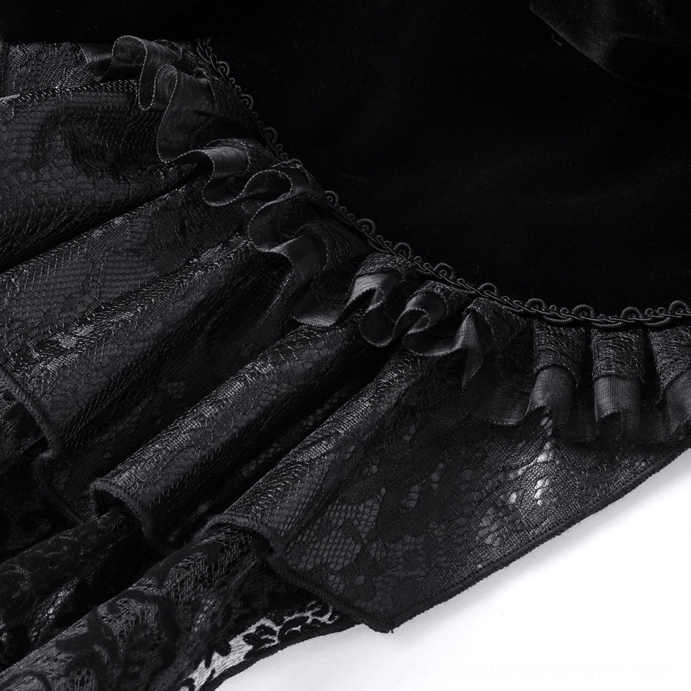 Gothic bolero jacket hem detail showing floral lace fabric and layered ruffle trim construction