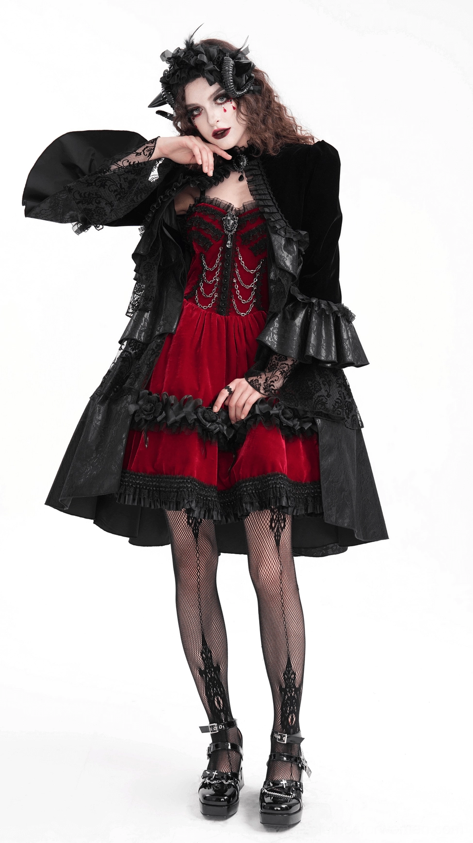 Black velvet gothic bolero lace details showing floral patterns and ruffled trim construction