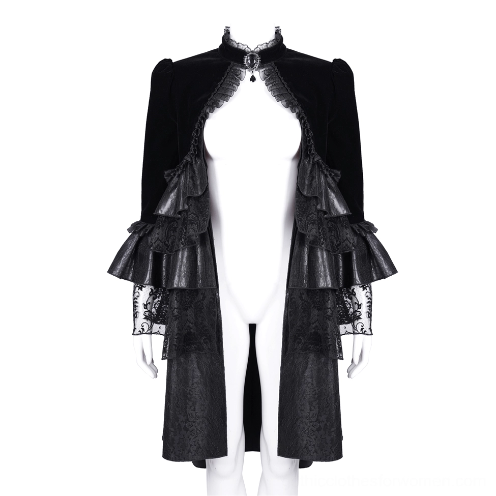 Black velvet gothic bolero jacket on mannequin displaying stand collar, lace ruffles, and structured fit