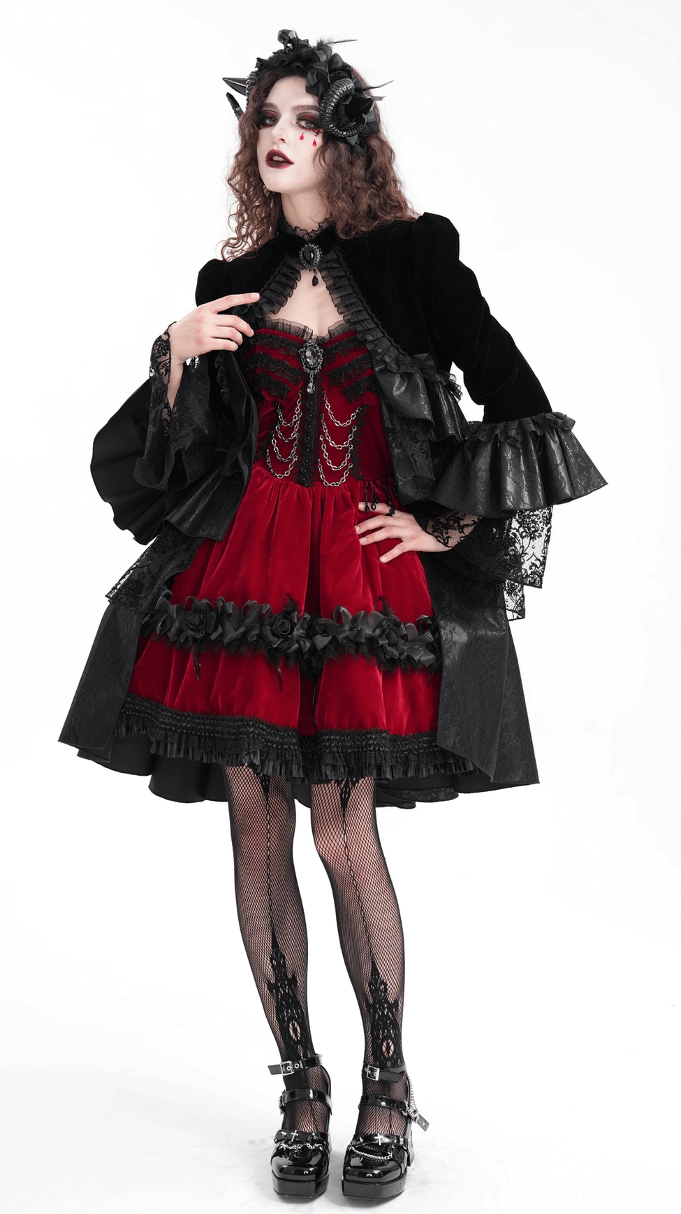 Black velvet gothic bolero on model showcasing dramatic alternative fashion aesthetic and regal styling