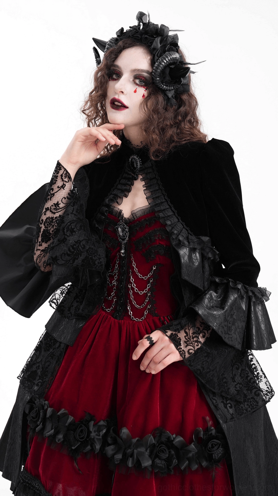Black velvet gothic bolero jacket front open design with decorative brooch and lace accents