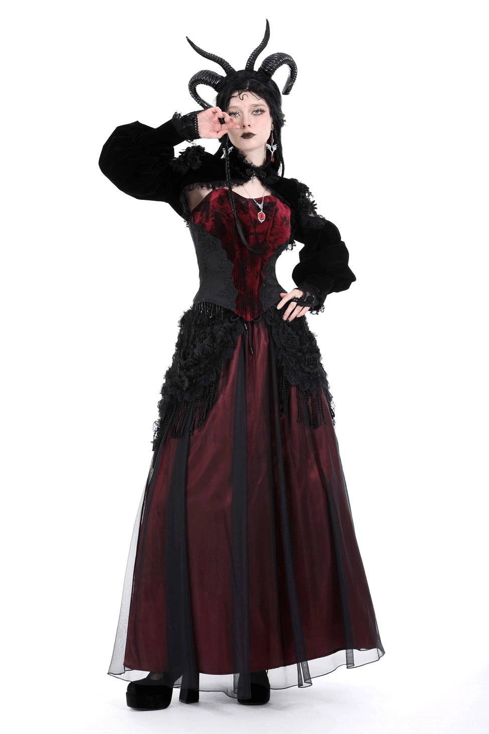 Black velvet gothic bolero product showcase featuring puff sleeves, lace detailing, and sophisticated silhouette