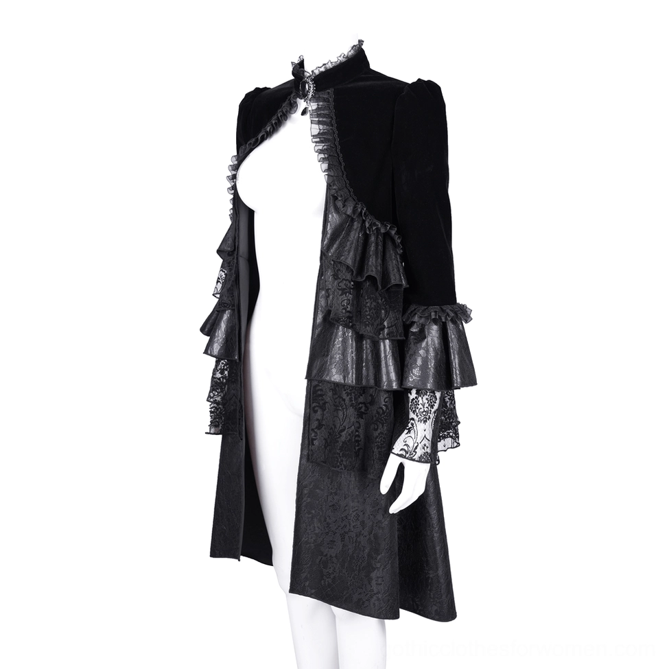 Black velvet gothic bolero jacket side view on mannequin showing layered lace and pleather ruffles construction