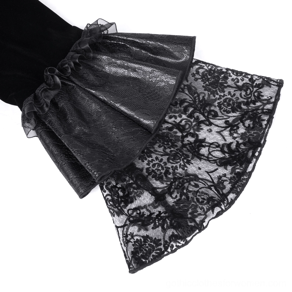 Black velvet gothic bolero sleeve detail featuring faux leather ruffle and floral lace panel accents