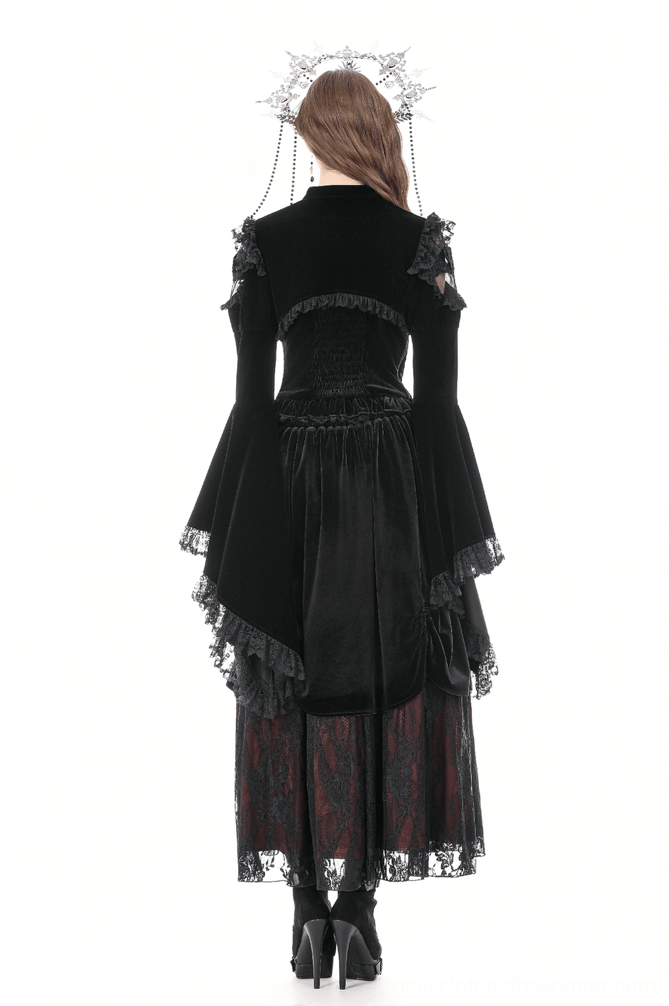Black velvet gothic bolero shrug showcasing refined craftsmanship, lace trim details, and theatrical presence for alternative fashion
