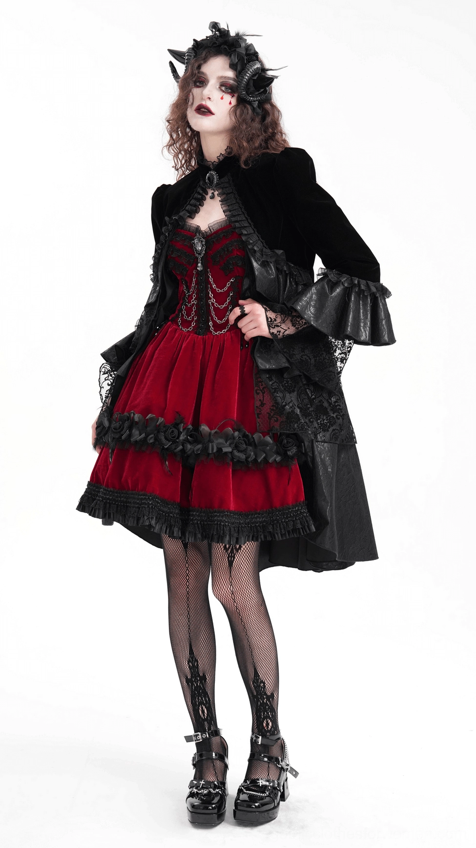 Gothic bolero jacket three-quarter view showing sleeve ruffles and ornamental collar design