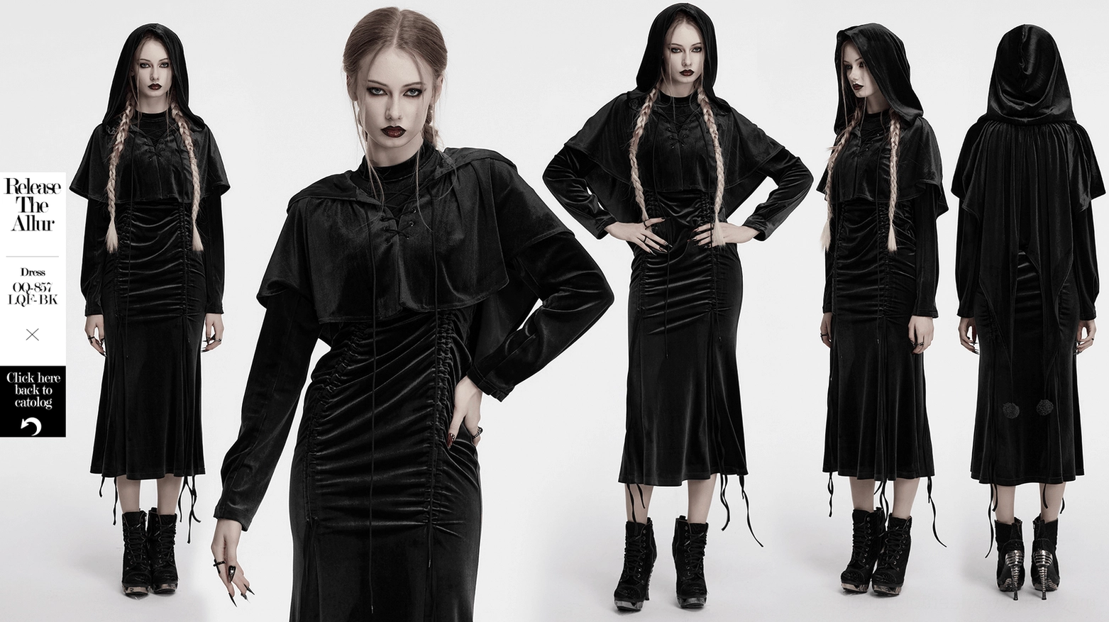 Black velvet hooded gothic cape full-body back view on model displaying theatrical presence and enchanted silhouette