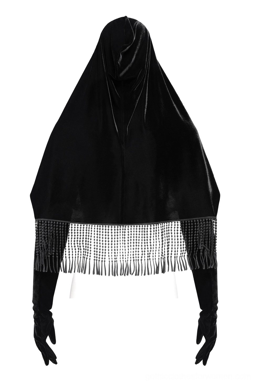 Front view of gothic black velvet hooded cape with simple hood design and decorative beaded tassel fringe hem on mannequin