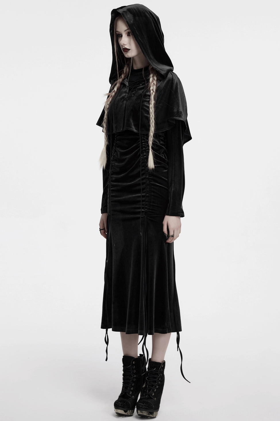 Black velvet hooded gothic cape fit and movement demonstration showing fluid drape and elegant silhouette