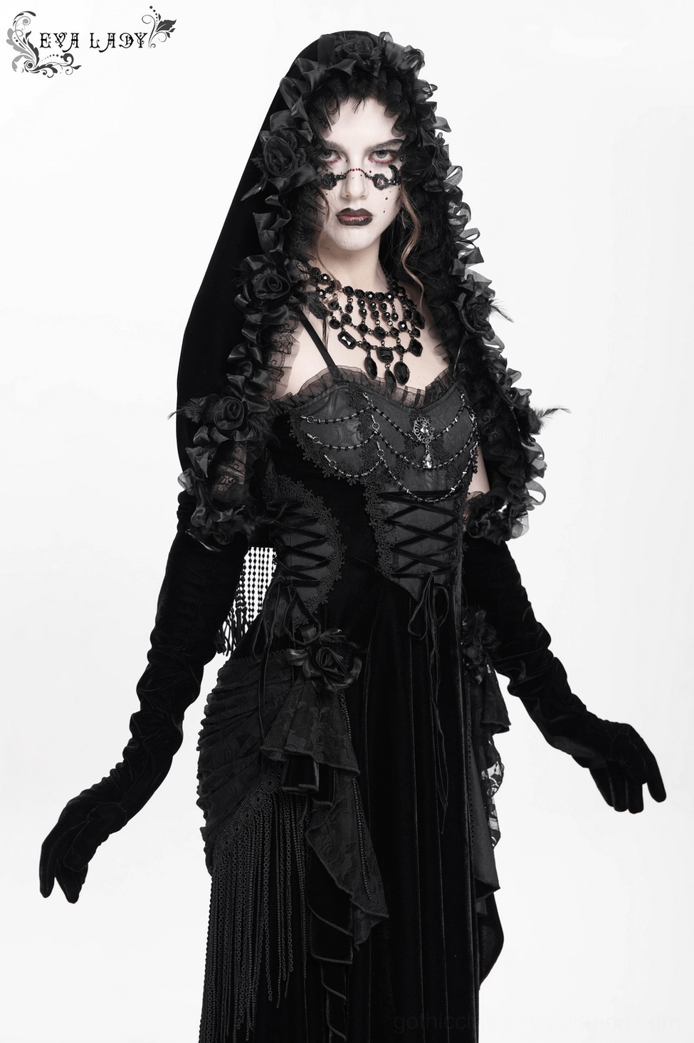 Gothic velvet hooded cape texture close-up showing premium soft velvet fabric and delicate decorative beading