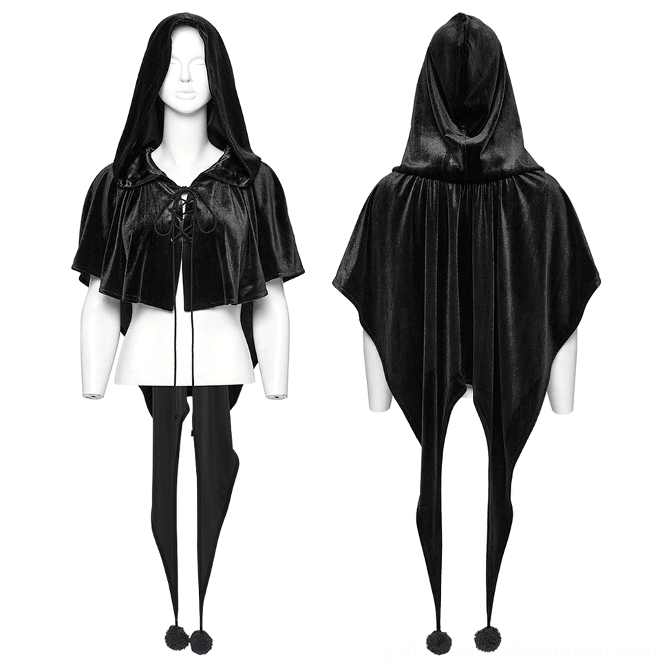 Black velvet hooded gothic cape dual display front and rear views split-screen showing cropped silhouette and lace-up closure