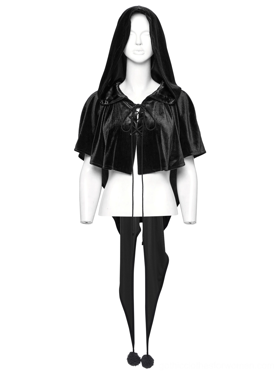 Black velvet hooded gothic cape full front view on mannequin featuring generous hood and decorative pom-pom hem embellishments