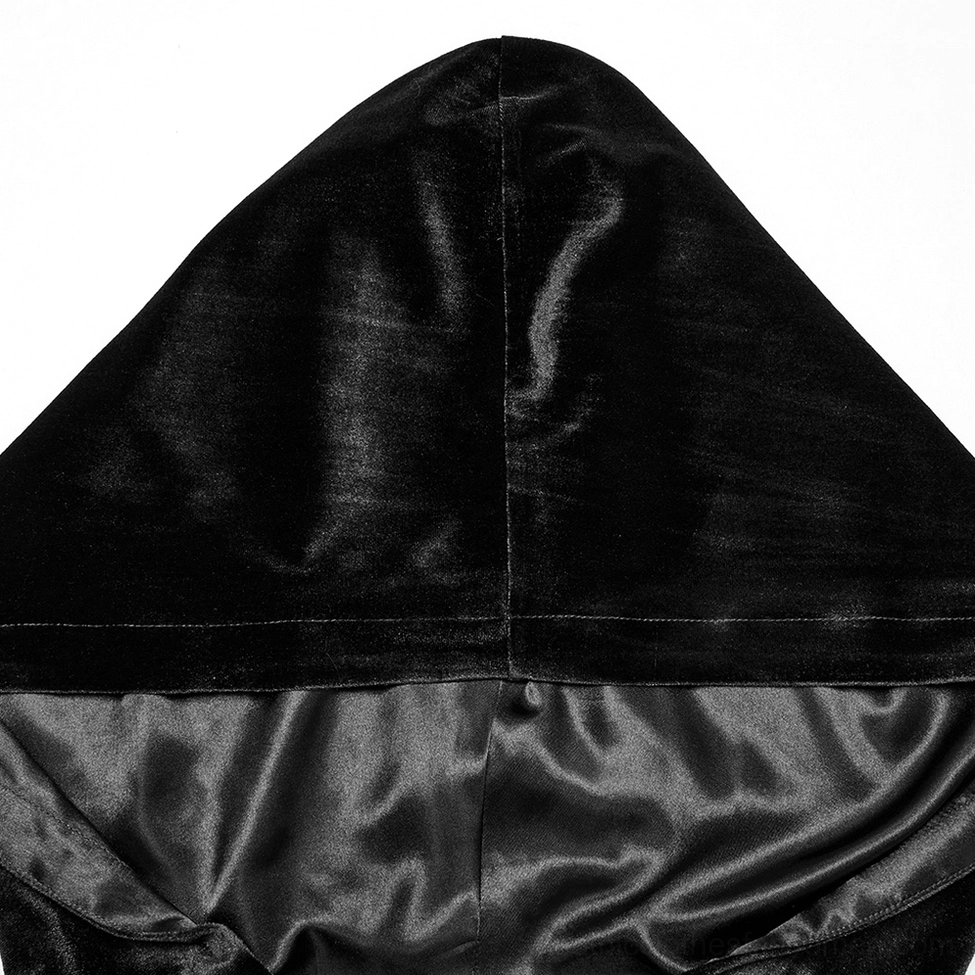 Close-up detail of black velvet gothic cape hood showing shiny velvet exterior texture and luxurious satin inner lining