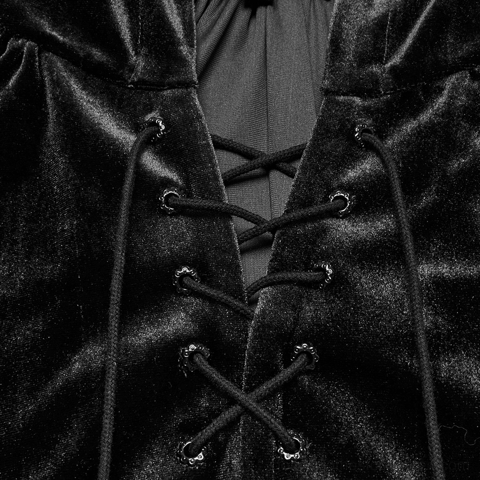 Close-up detail of black velvet gothic cape lace-up front closure featuring metal eyelets and adjustable black drawstring