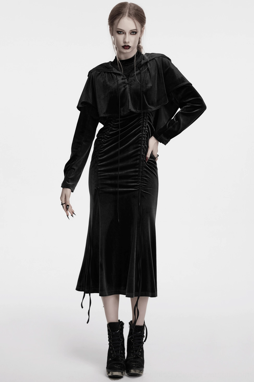 Black velvet hooded gothic cape texture close-up showcasing premium velvet material quality and sheen