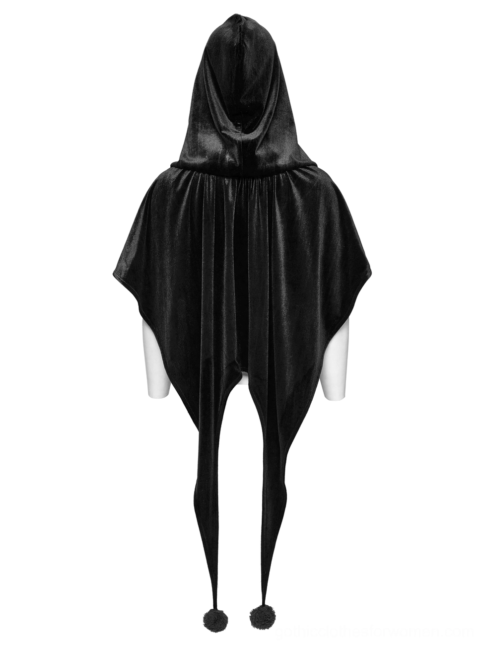 Black velvet hooded gothic cape rear full view on mannequin revealing pointed asymmetrical tail and smooth lustrous velvet finish