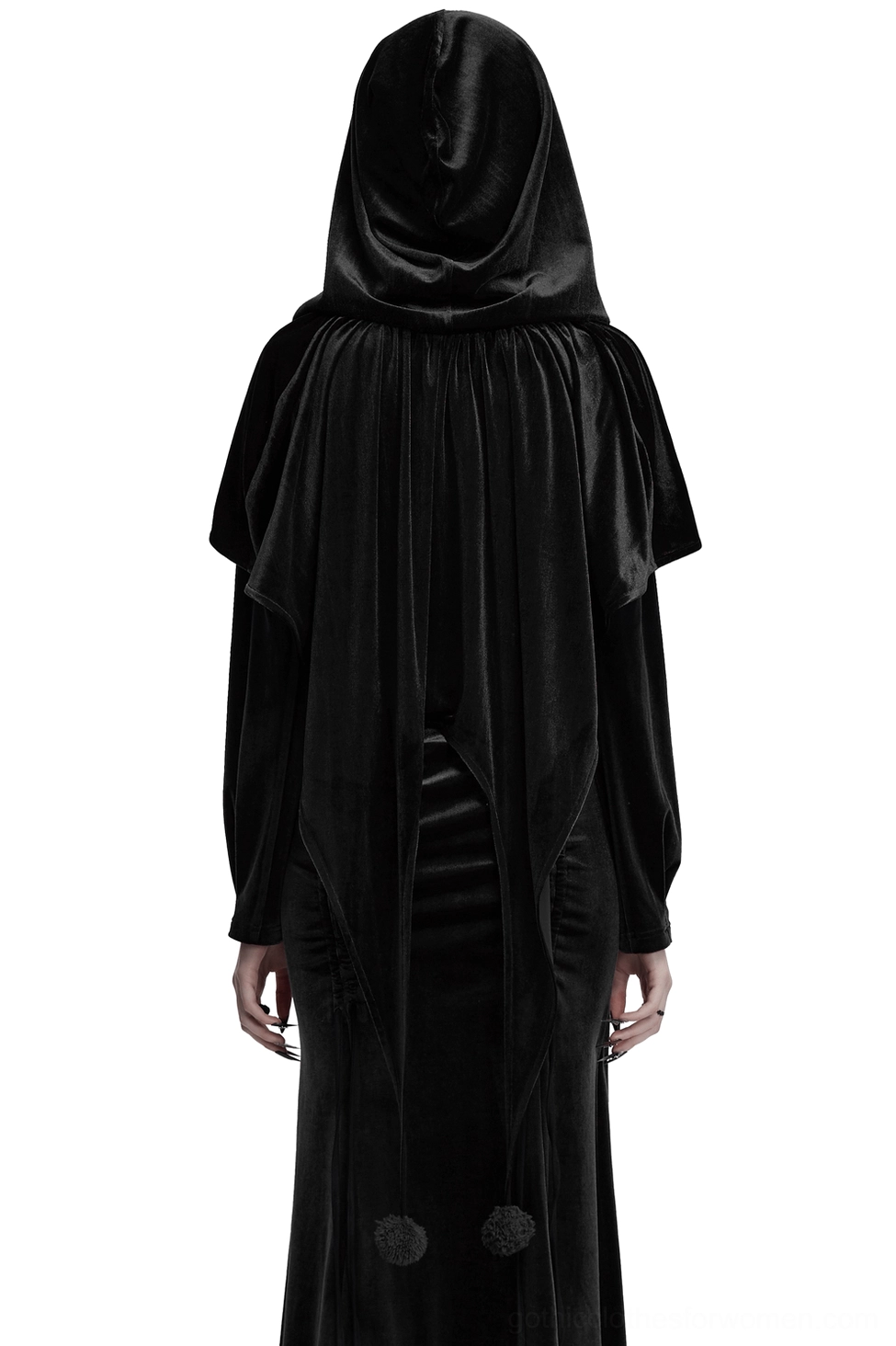 Black velvet hooded gothic cape rear view on mannequin showcasing elongated back hem adorned with fluffy pom-pom tail details