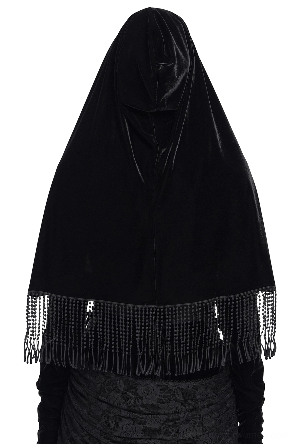 Rear view of gothic velvet hooded cape on mannequin displaying full hood design, smooth velvet fabric, and decorative beaded fringe hemline
