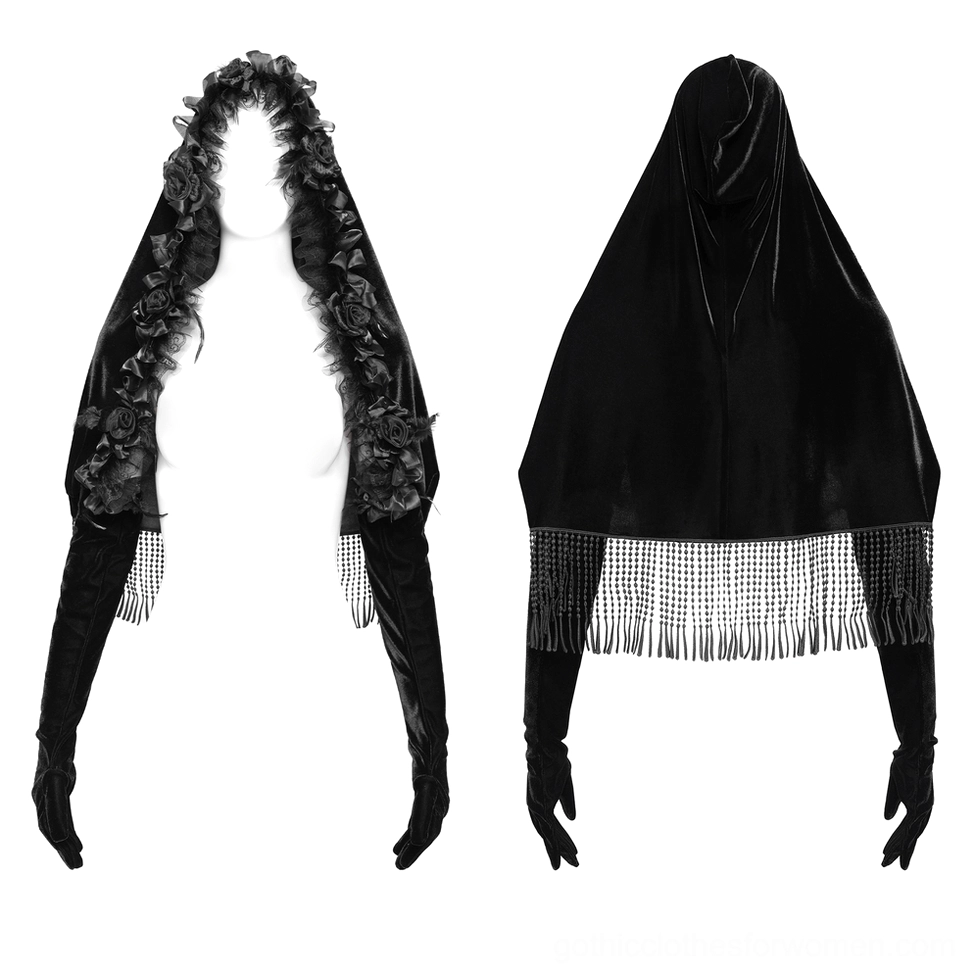 Gothic black velvet hooded cape with rose floral hood trim shown in dual front and rear view on mannequin with matching black gloves