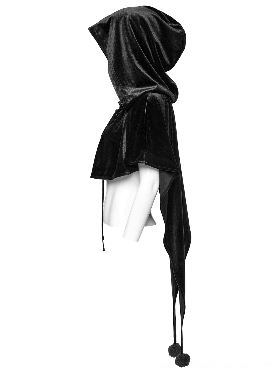 Black velvet hooded gothic cape left side view on torso mannequin displaying draped elongated tail and adjustable lace-up drawstring closure