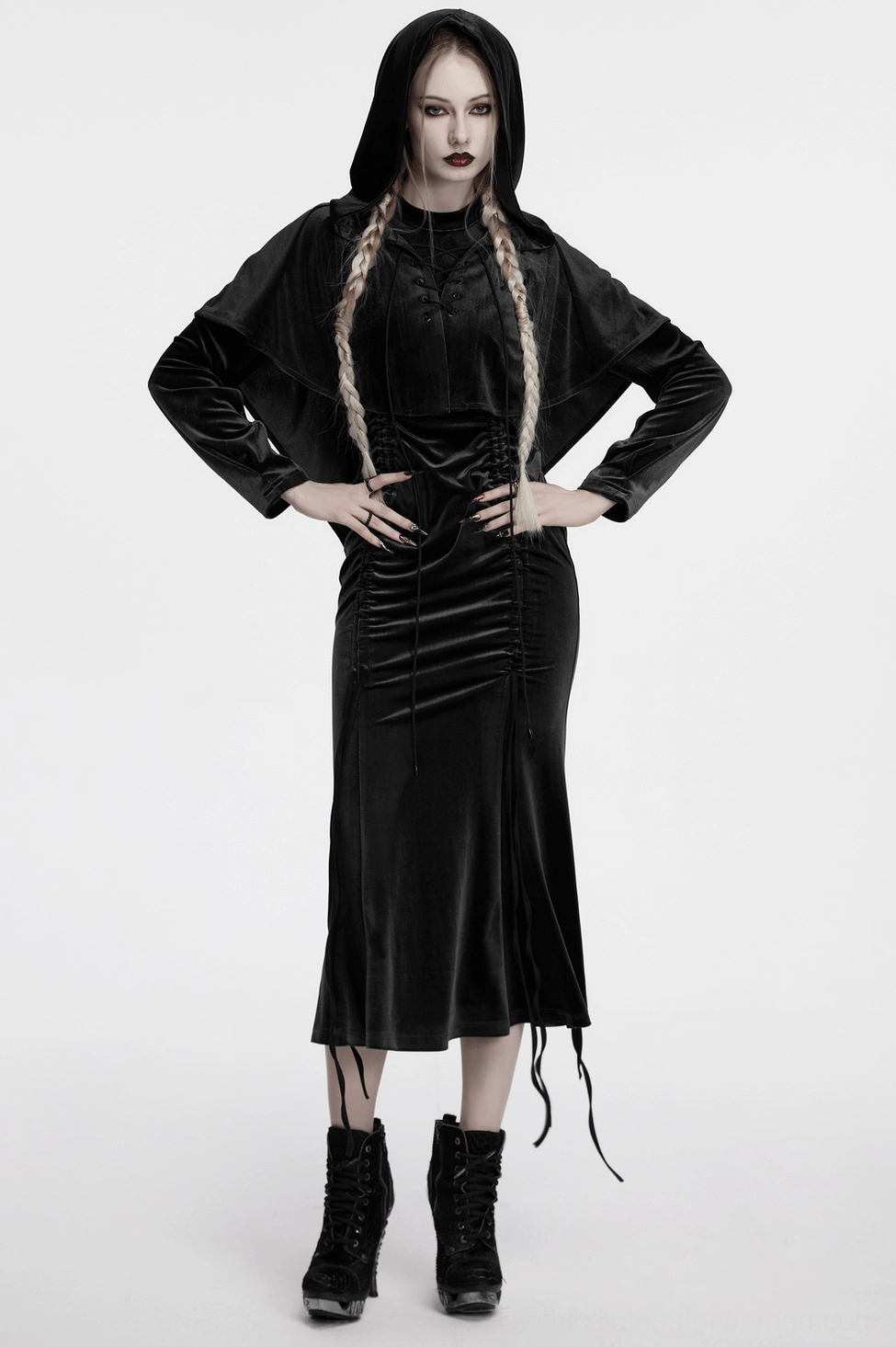 Black velvet hooded gothic cape styling inspiration featuring alternative fashion and gothic aesthetic pairing