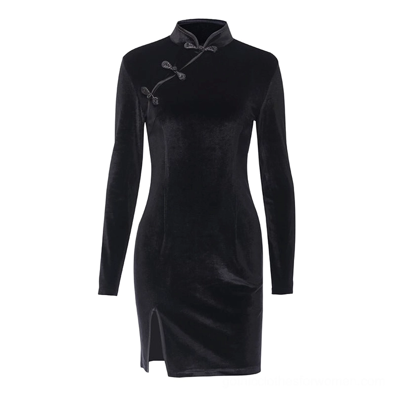 Black velvet gothic cheongsam dress flat lay front view with mandarin collar and frog buttons