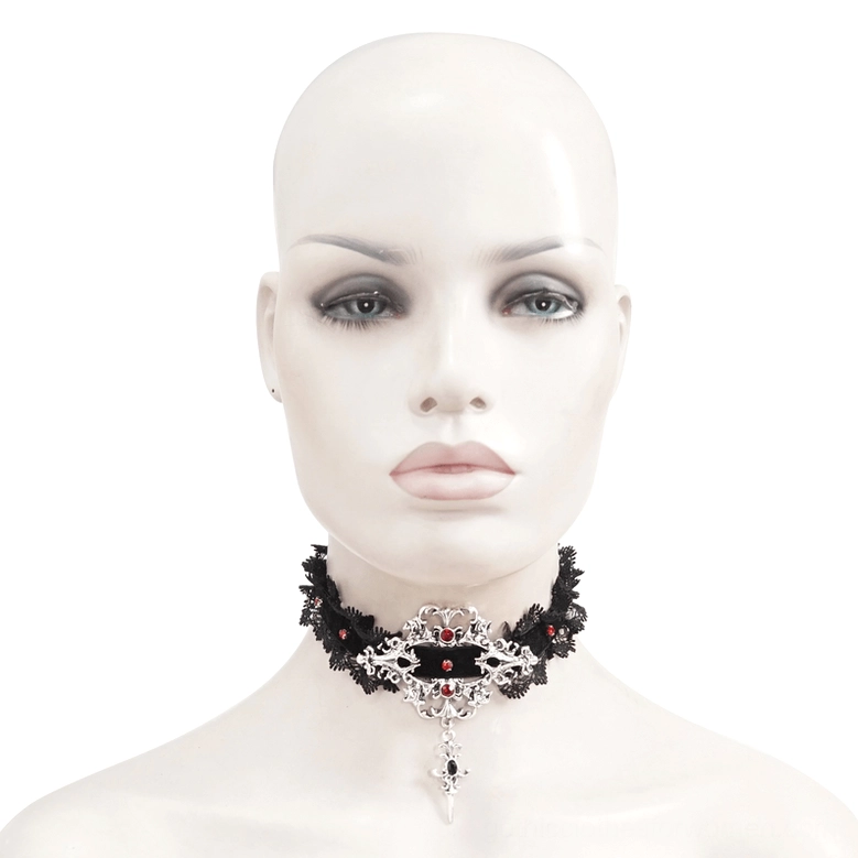 Gothic lace choker displayed on mannequin, full front view showing black velvet base with scalloped lace neckline and vintage silver pendant