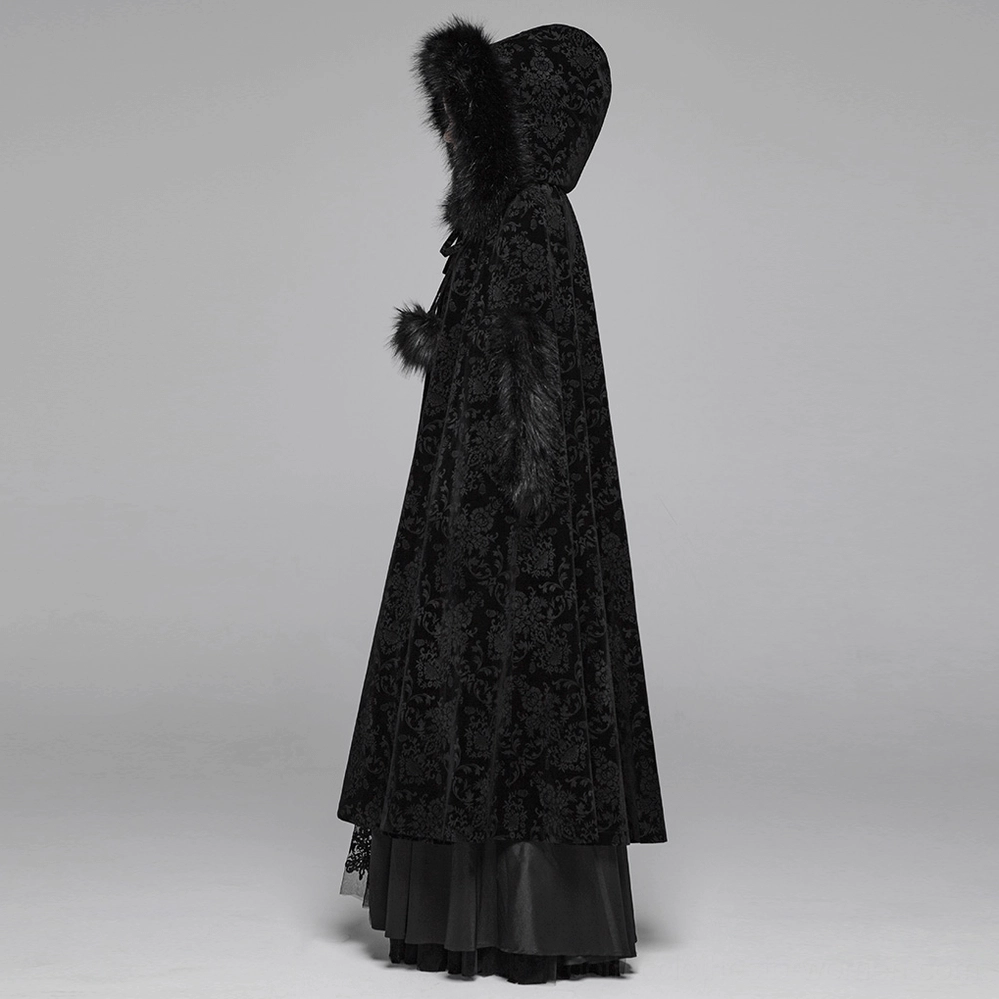 Black velvet Gothic cloak back view showing faux fur hood and sleeve accents on model