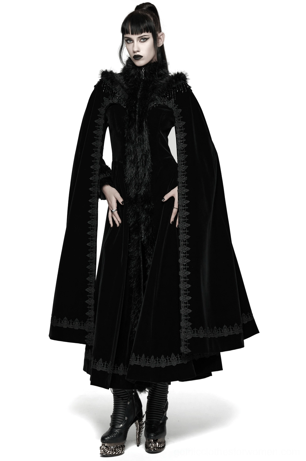 Black velvet gothic cloak coat front view with faux fur trim and tassel chain shoulders
