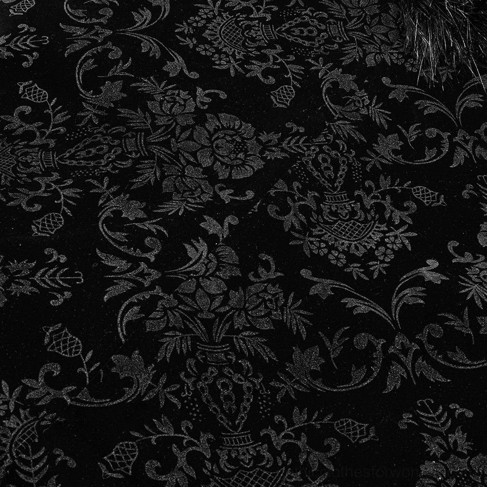 Black velvet Gothic cloak with embossed floral damask pattern and faux fur trims detailed view