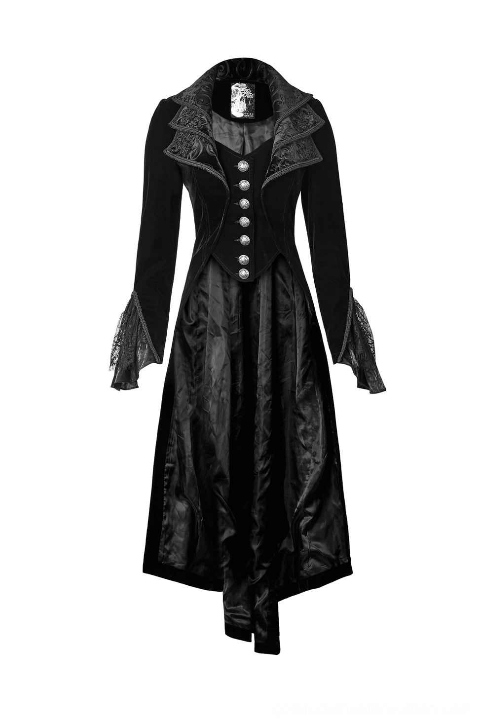 Black gothic velvet coat back flat lay displaying intricate back wave embroidery pattern