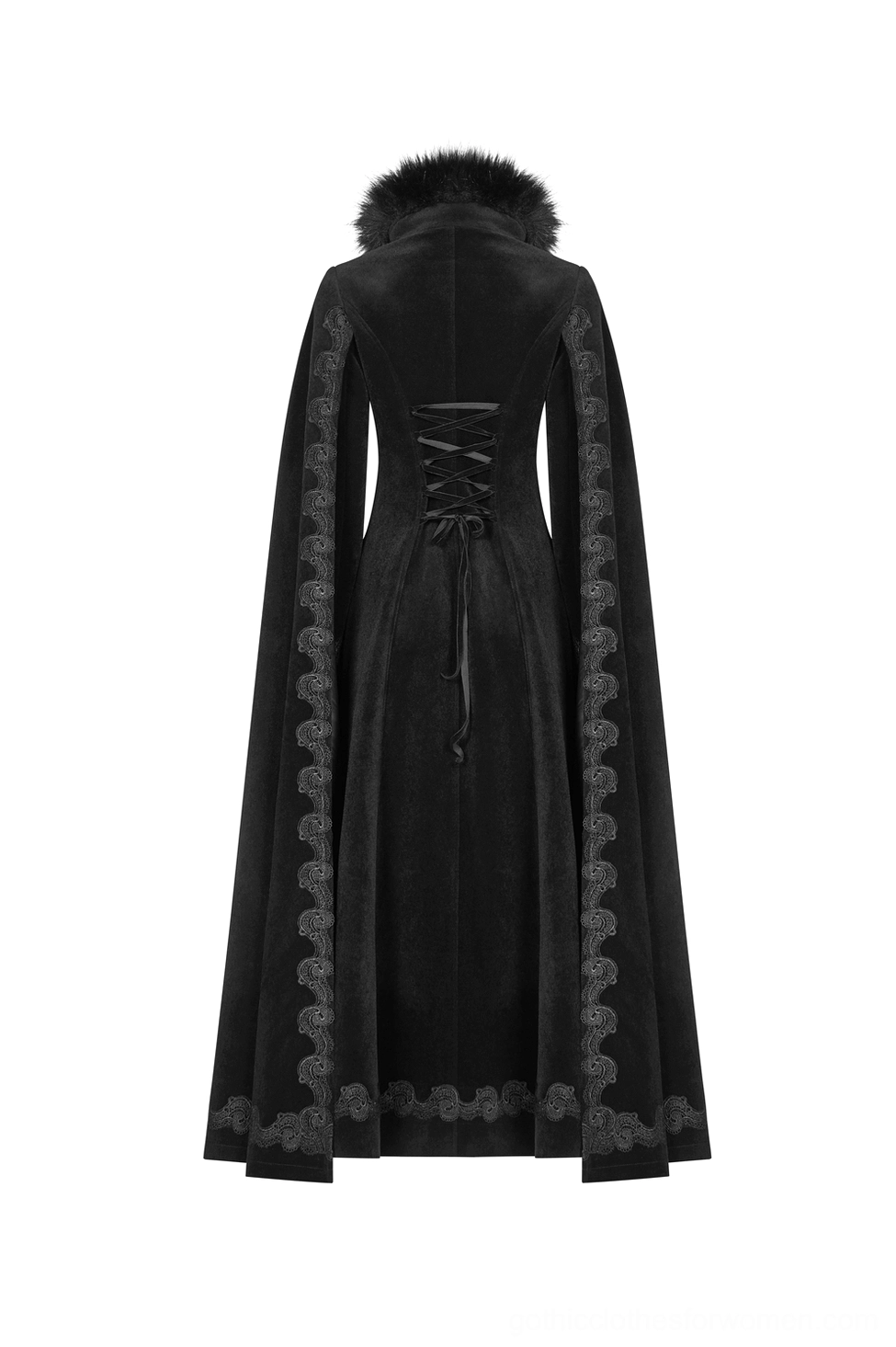 Black velvet gothic coat back flat display showing lace-up corset closure and embroidered side trim details