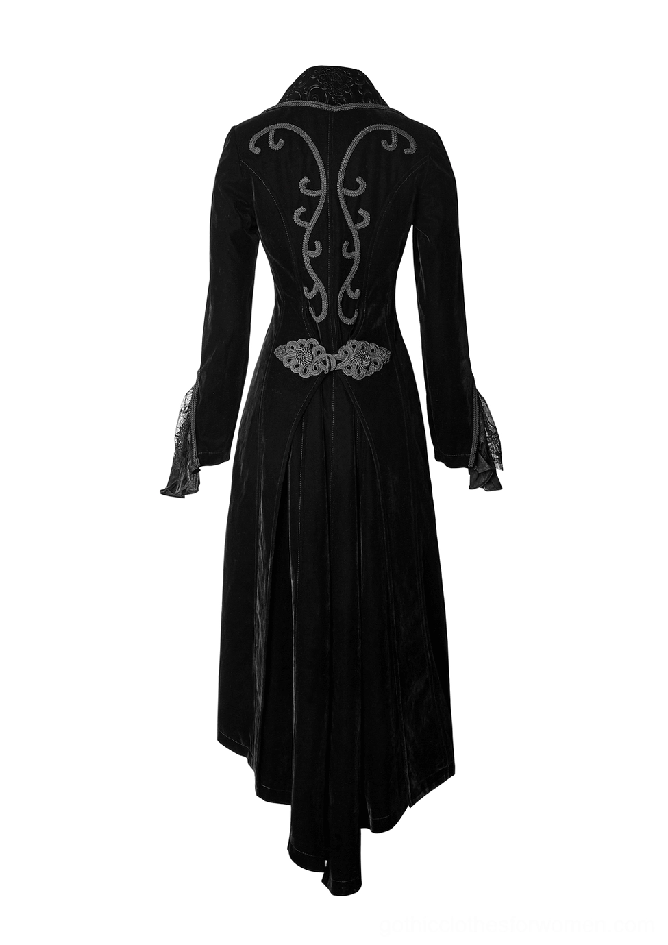 Black velvet gothic coat back view flat lay with detailed swirling embroidery and long velvet skirt