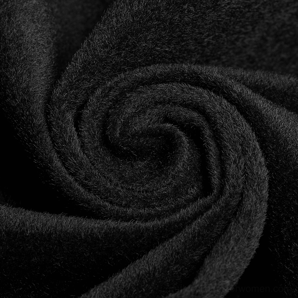 Black velvet gothic long coat with faux fur - additional styling view showing cape sleeves and dramatic silhouette