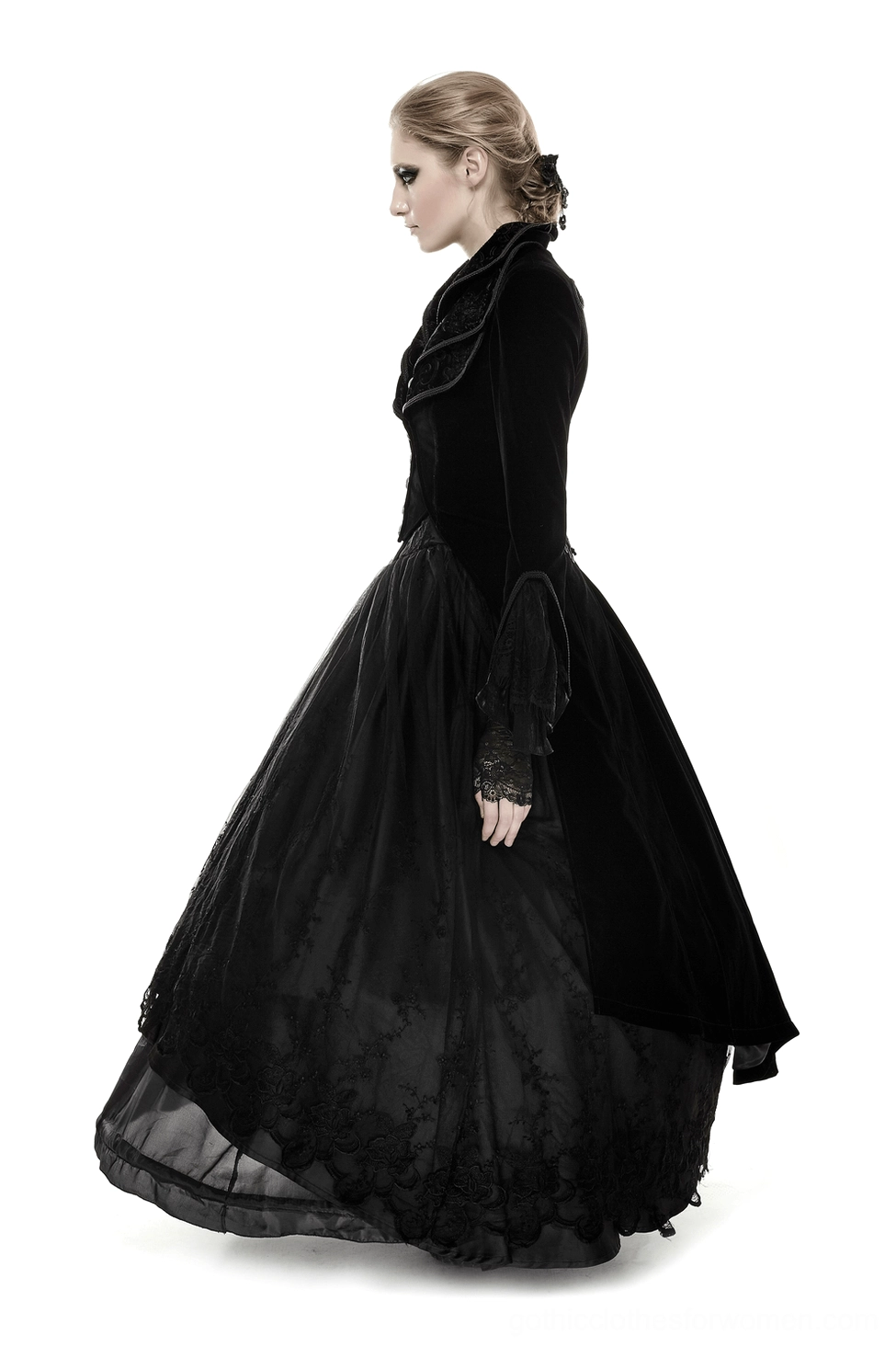 Black velvet gothic trench coat layered collar and upper torso detail highlighting cascading design