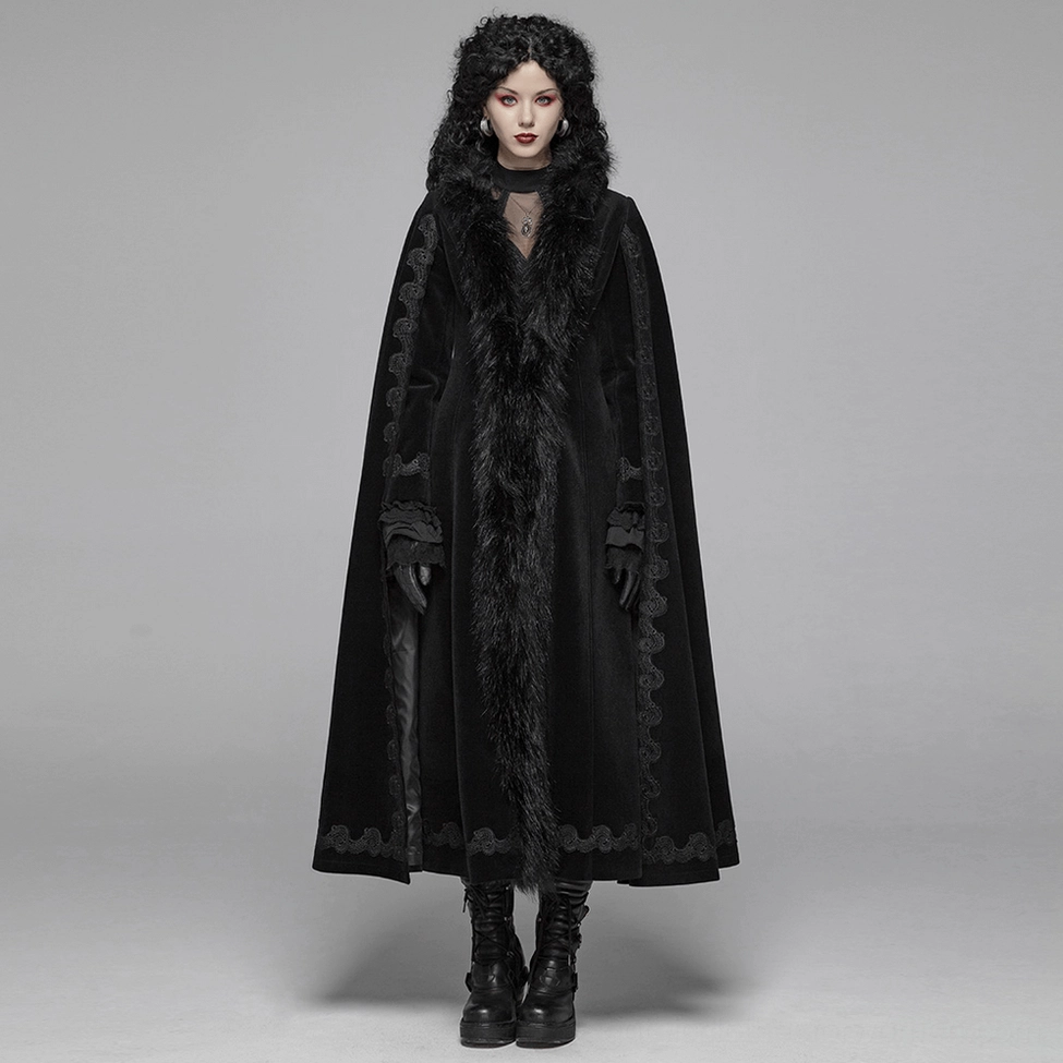 Alternative styling view of black velvet gothic coat showing embroidered details and overall garment construction
